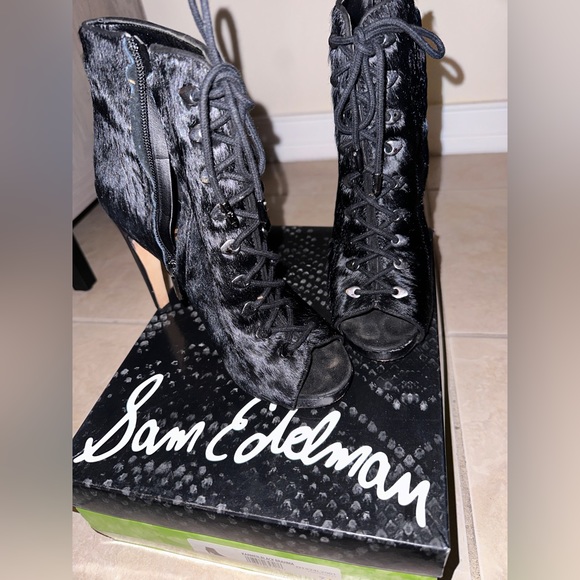 Sam Edelman Black Karmen Calf Hair Lace Up Platform Open Toe Heels - Picture 4 of 6